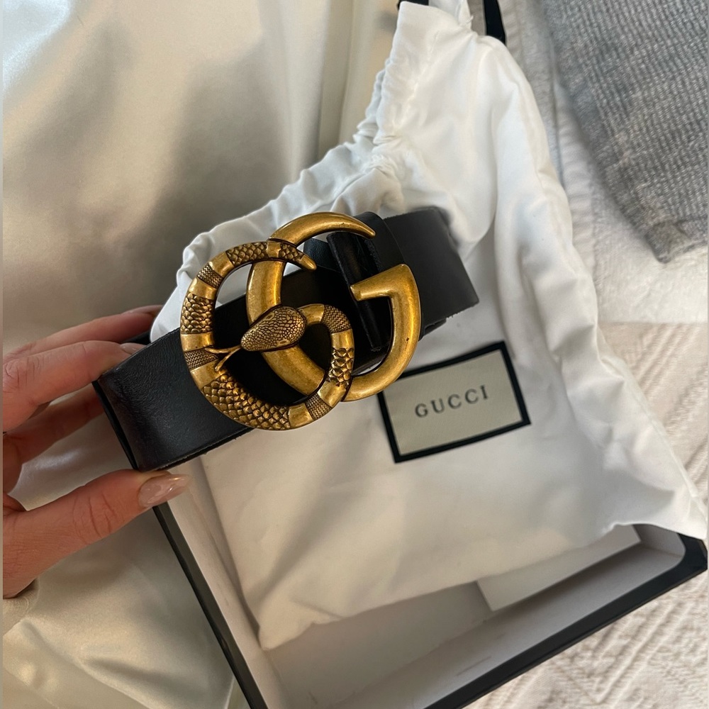 GUCCI Leather belt with Double G buckle with snake